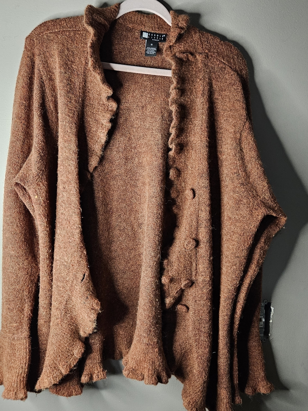 Carole Little Brown Ruffle-Trim Open Cardigan Sweater